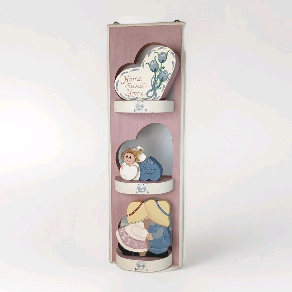 Hand Painted Wood Triple Heart Shelves Wall Mount 16.75" Pink and White Country